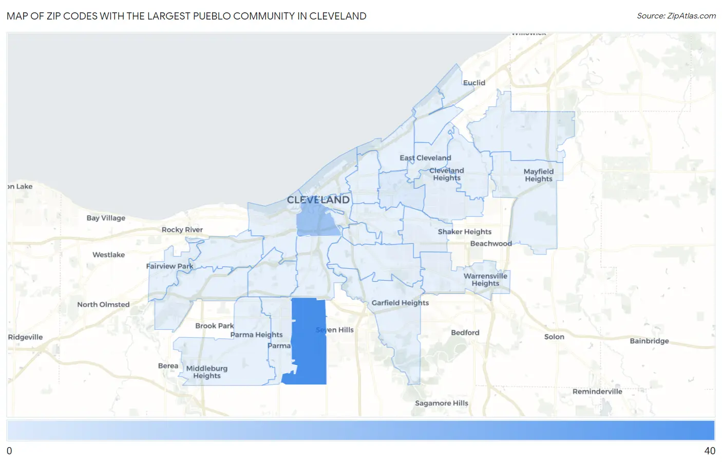 Zip Codes with the Largest Pueblo Community in Cleveland Map