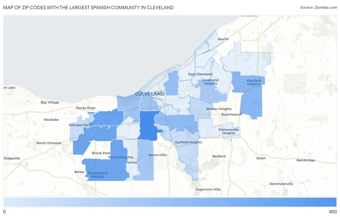 Zip Codes with the Largest Spanish Community in Cleveland Map