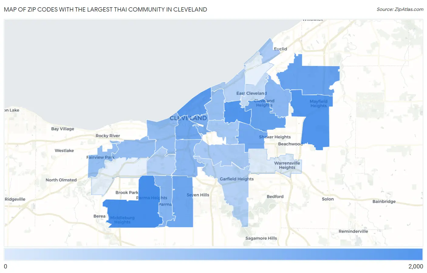 Zip Codes with the Largest Thai Community in Cleveland Map