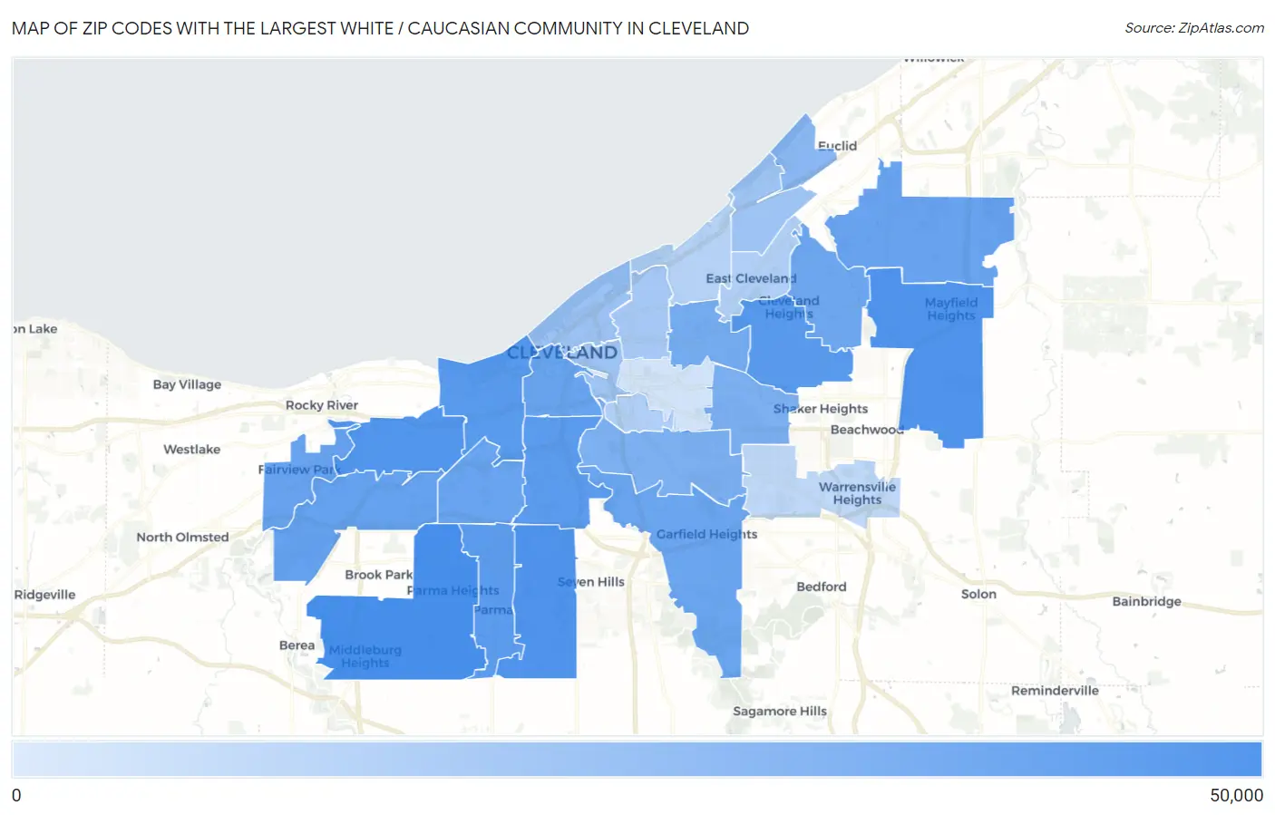 Zip Codes with the Largest White / Caucasian Community in Cleveland Map