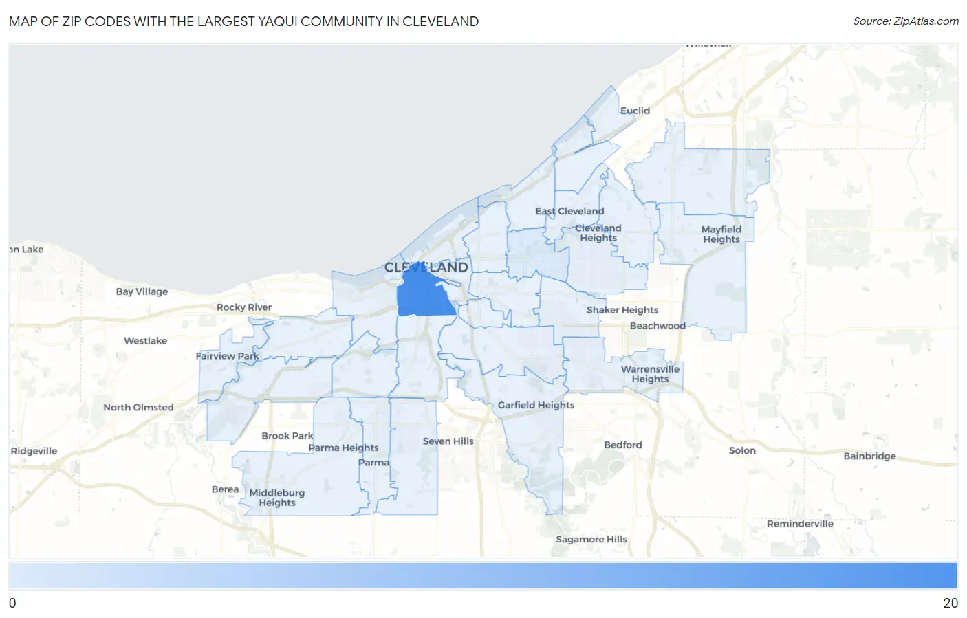 Zip Codes with the Largest Yaqui Community in Cleveland Map