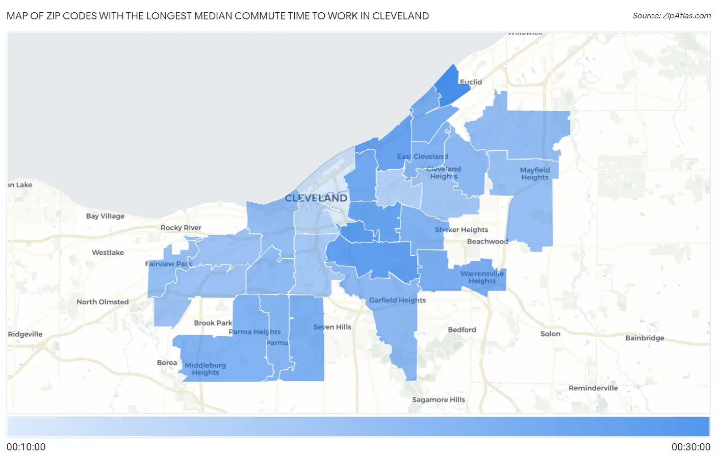 Zip Codes with the Longest Median Commute Time to Work in Cleveland Map