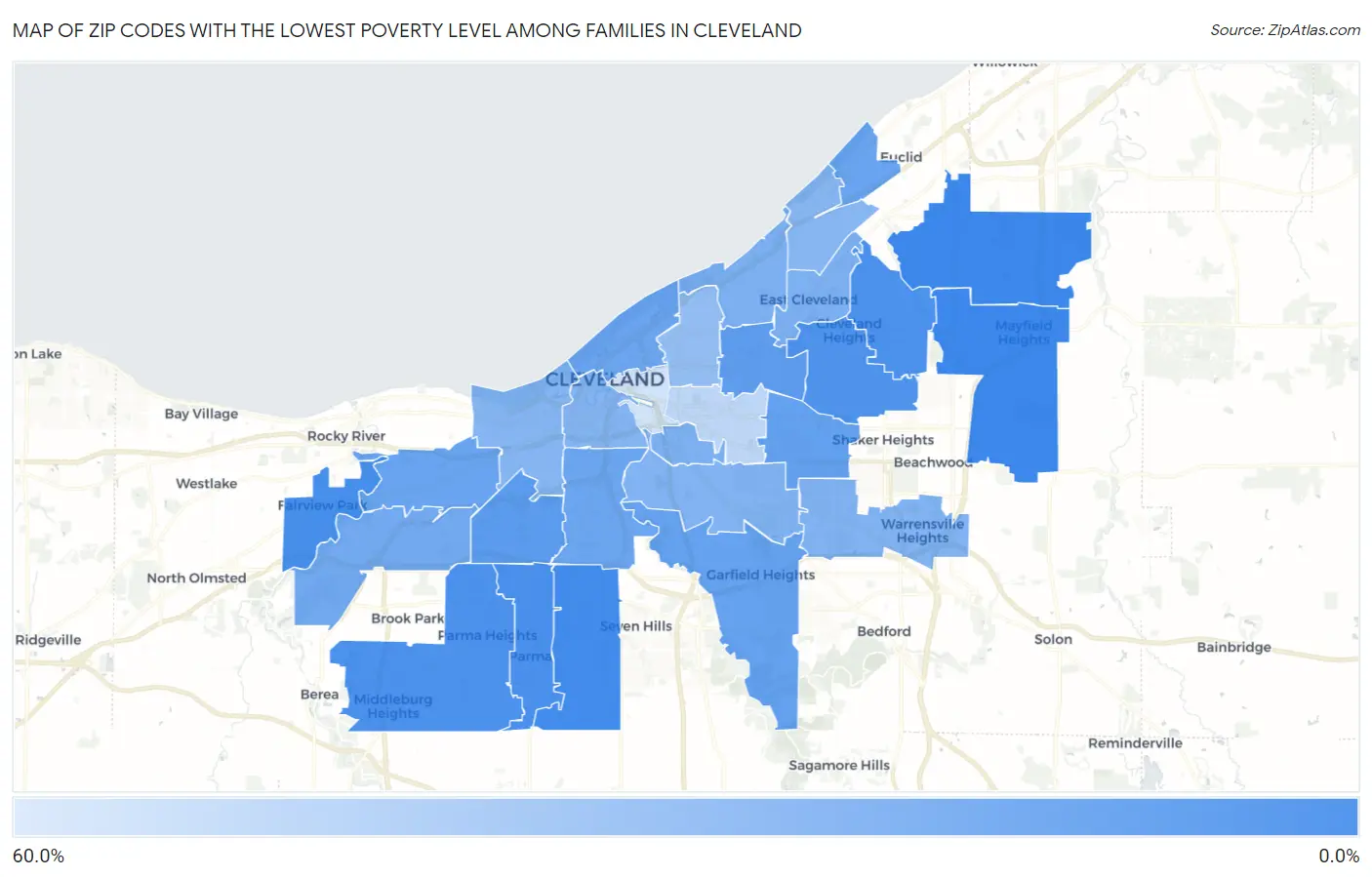 Zip Codes with the Lowest Poverty Level Among Families in Cleveland Map