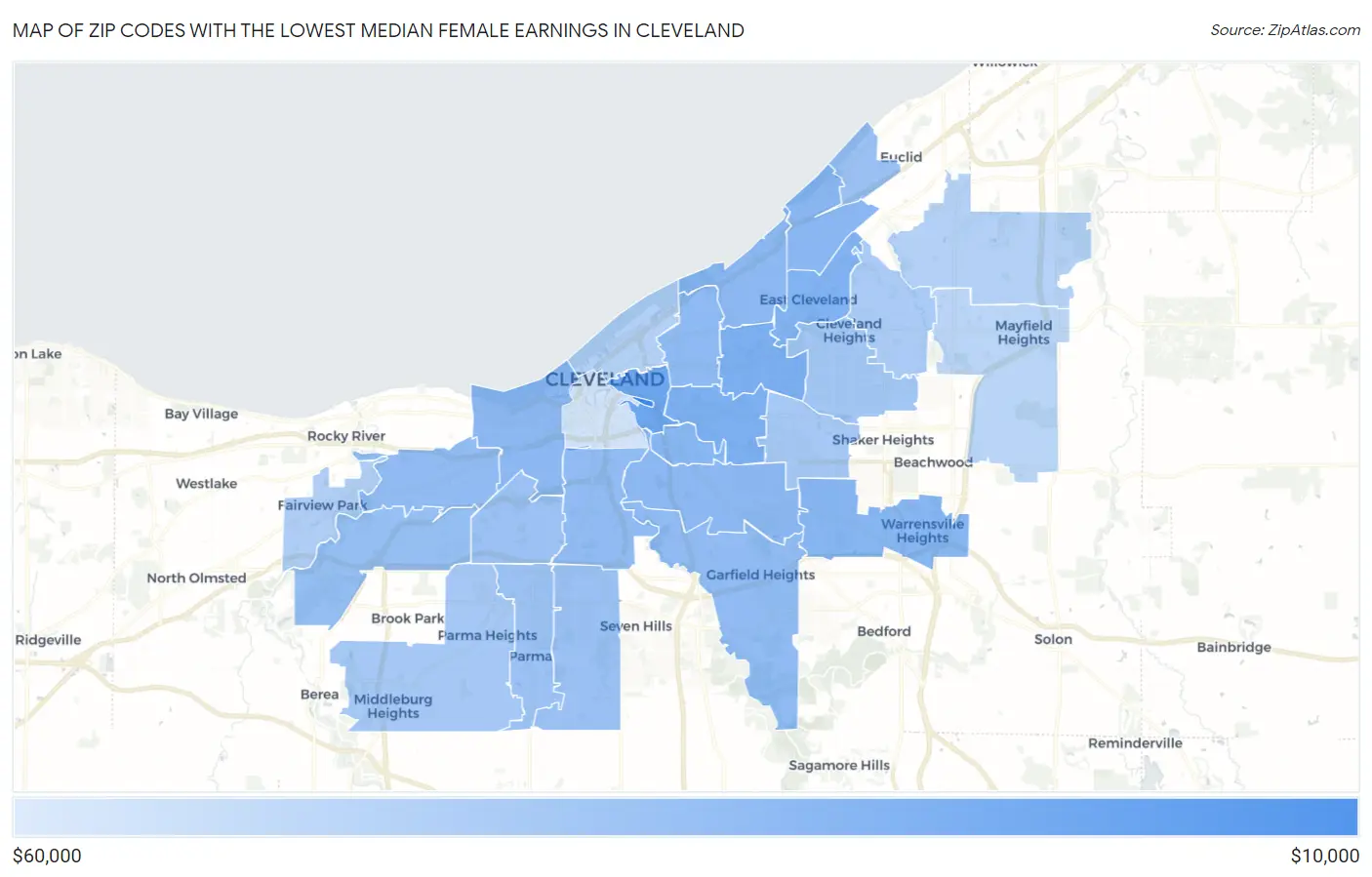 Zip Codes with the Lowest Median Female Earnings in Cleveland Map