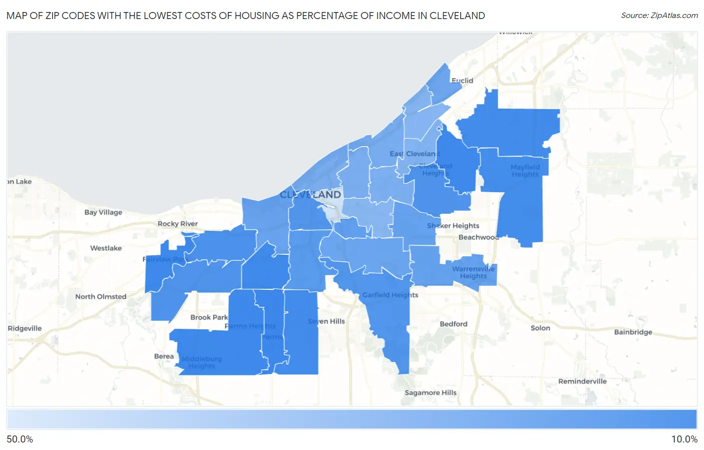 Zip Codes with the Lowest Costs of Housing as Percentage of Income in Cleveland Map