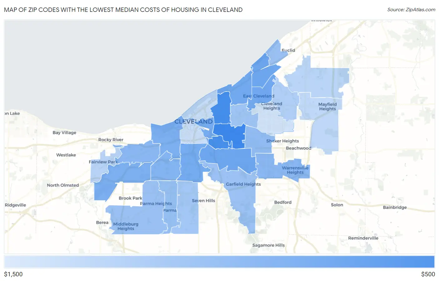 Zip Codes with the Lowest Median Costs of Housing in Cleveland Map