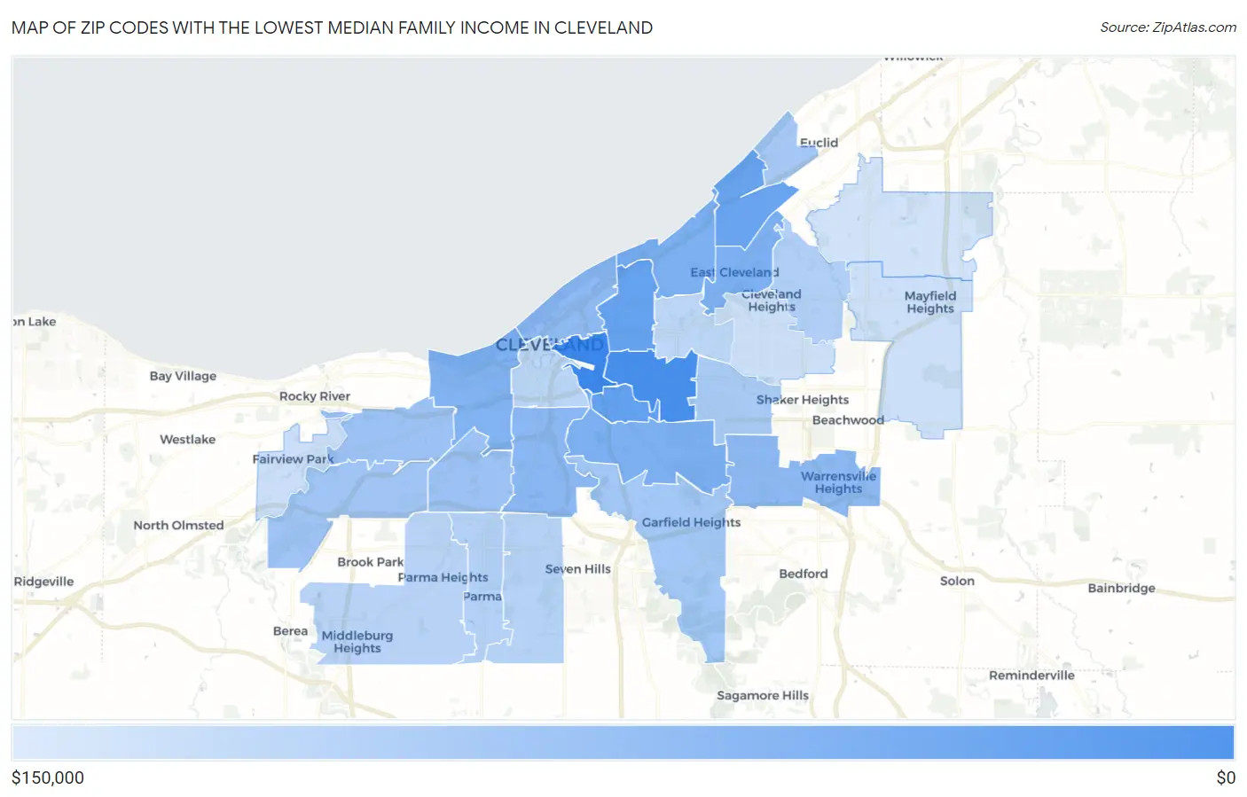 Zip Codes with the Lowest Median Family Income in Cleveland Map