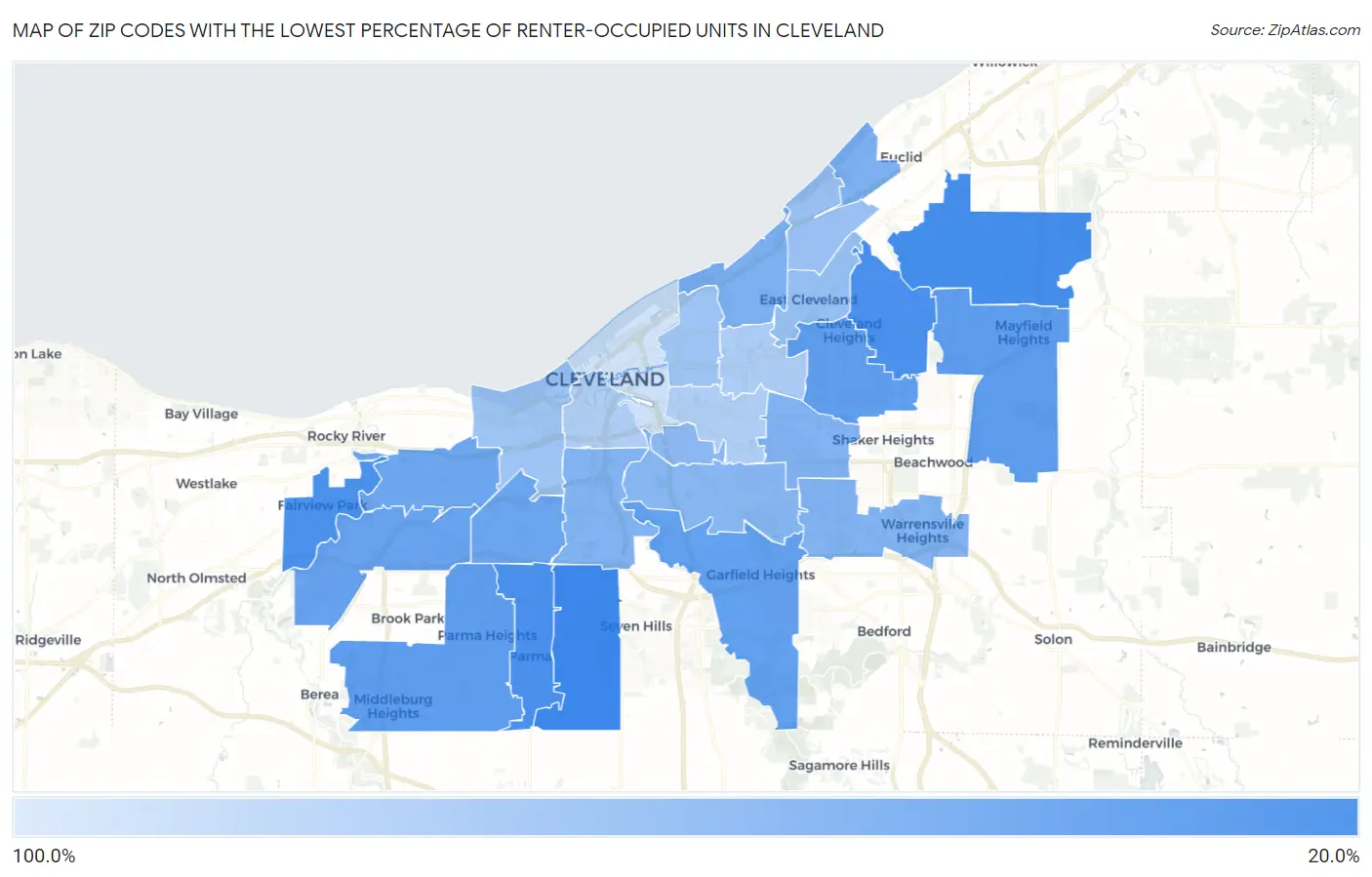 Zip Codes with the Lowest Percentage of Renter-Occupied Units in Cleveland Map