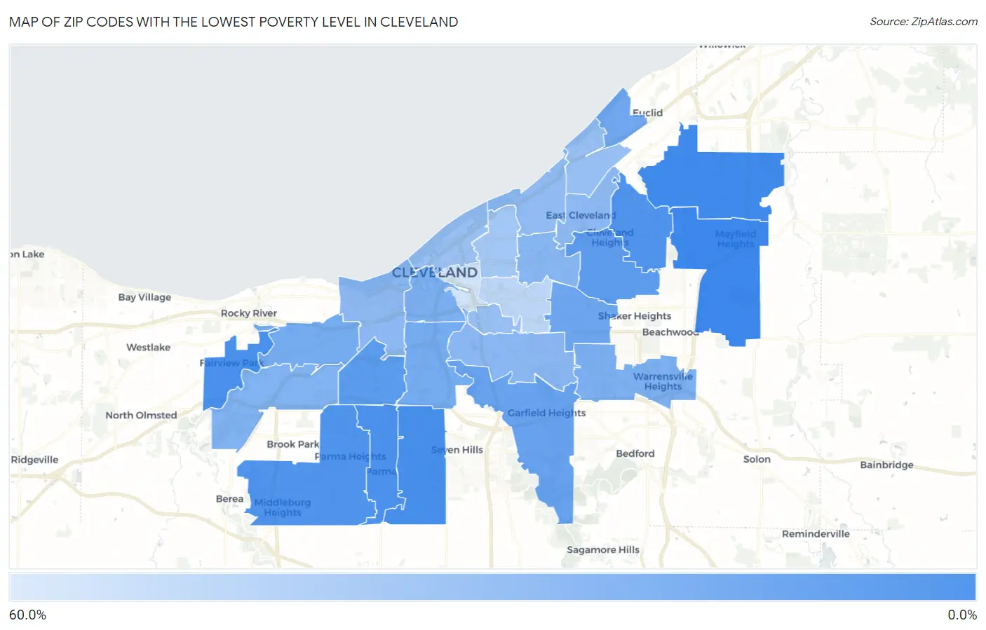 Zip Codes with the Lowest Poverty Level in Cleveland Map