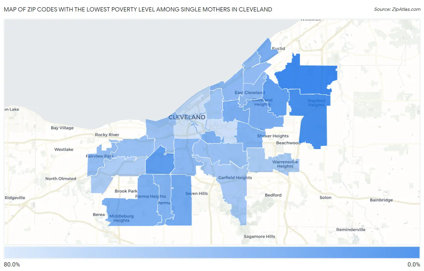 Zip Codes with the Lowest Poverty Level Among Single Mothers in Cleveland Map