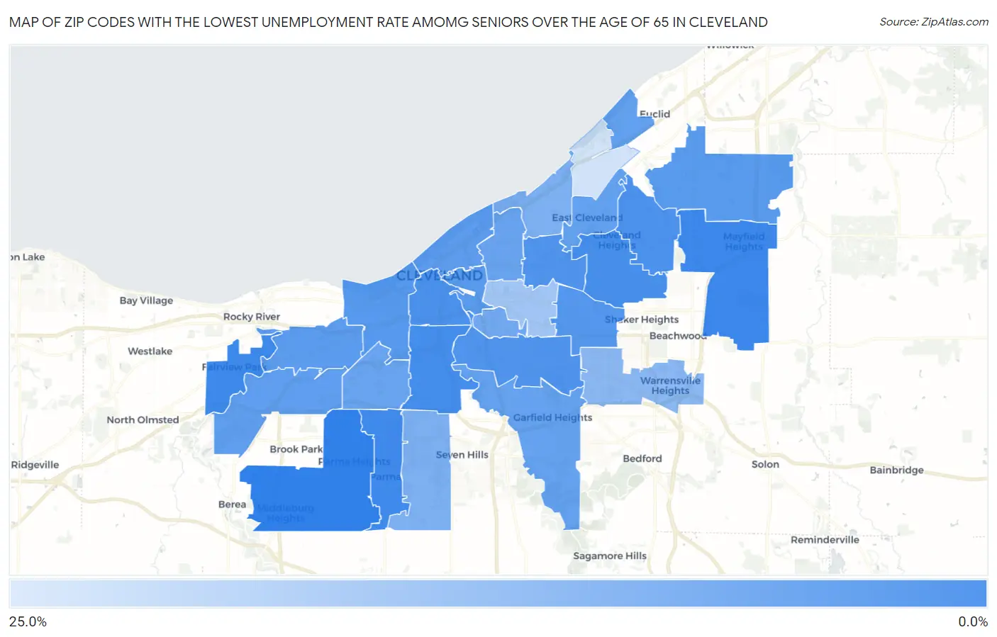 Zip Codes with the Lowest Unemployment Rate Amomg Seniors Over the Age of 65 in Cleveland Map