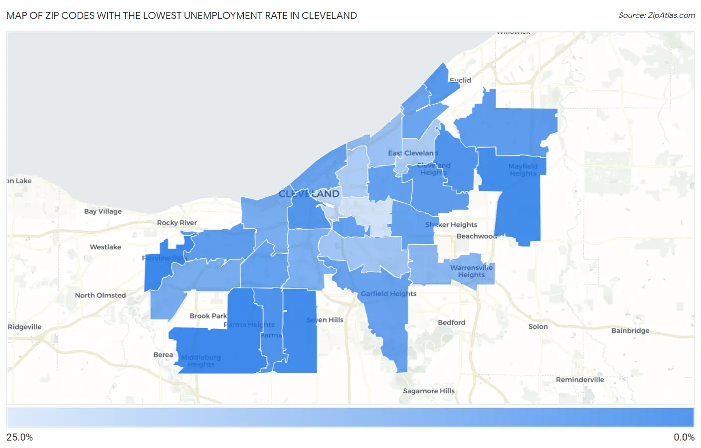Zip Codes with the Lowest Unemployment Rate in Cleveland Map
