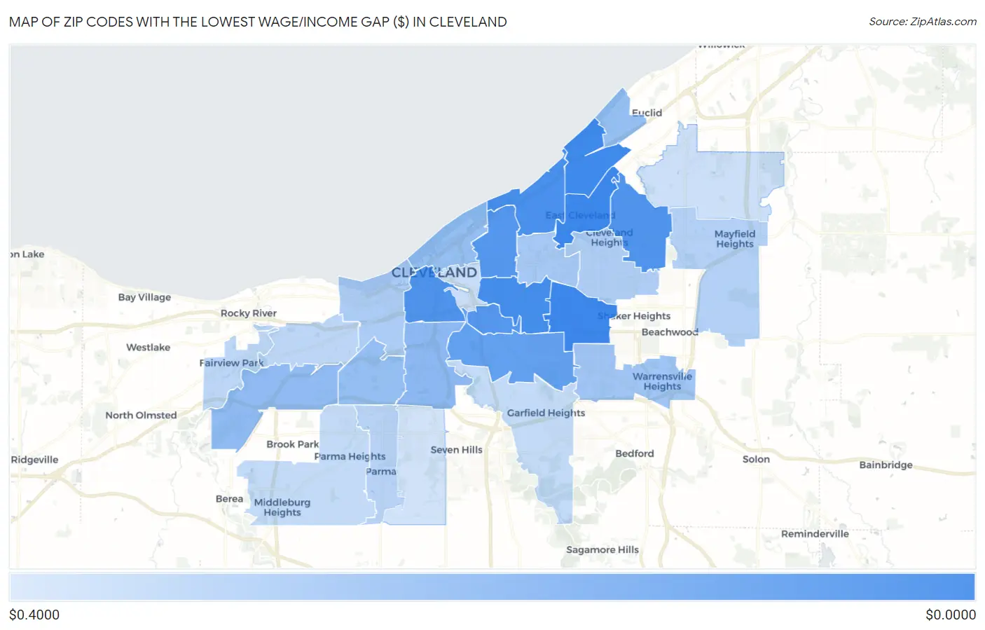Zip Codes with the Lowest Wage/Income Gap ($) in Cleveland Map