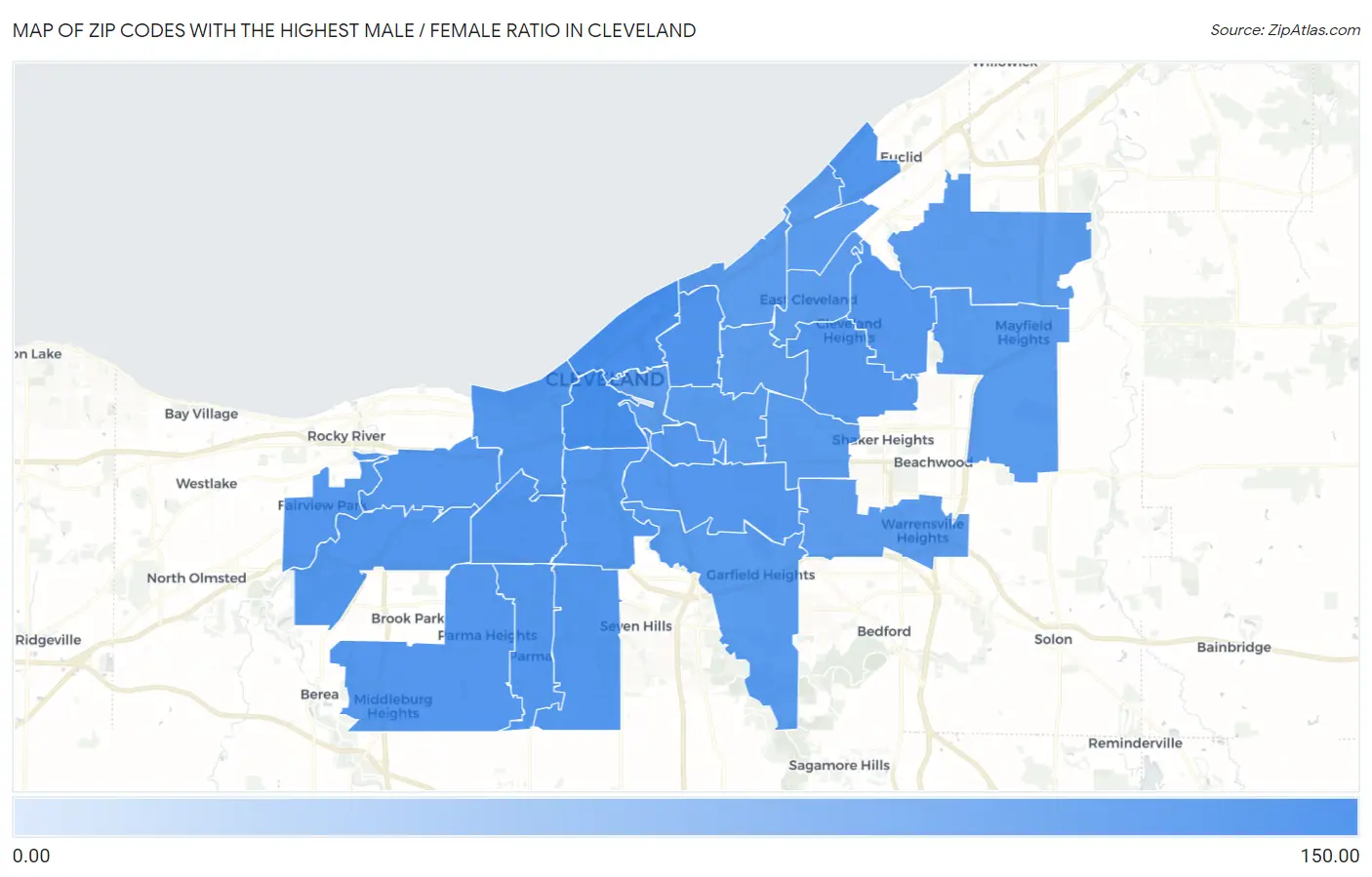 Zip Codes with the Highest Male / Female Ratio in Cleveland Map