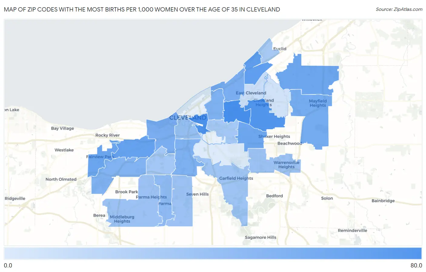 Zip Codes with the Most Births per 1,000 Women Over the Age of 35 in Cleveland Map