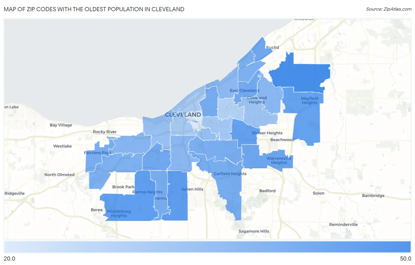 Zip Codes with the Oldest Population in Cleveland Map