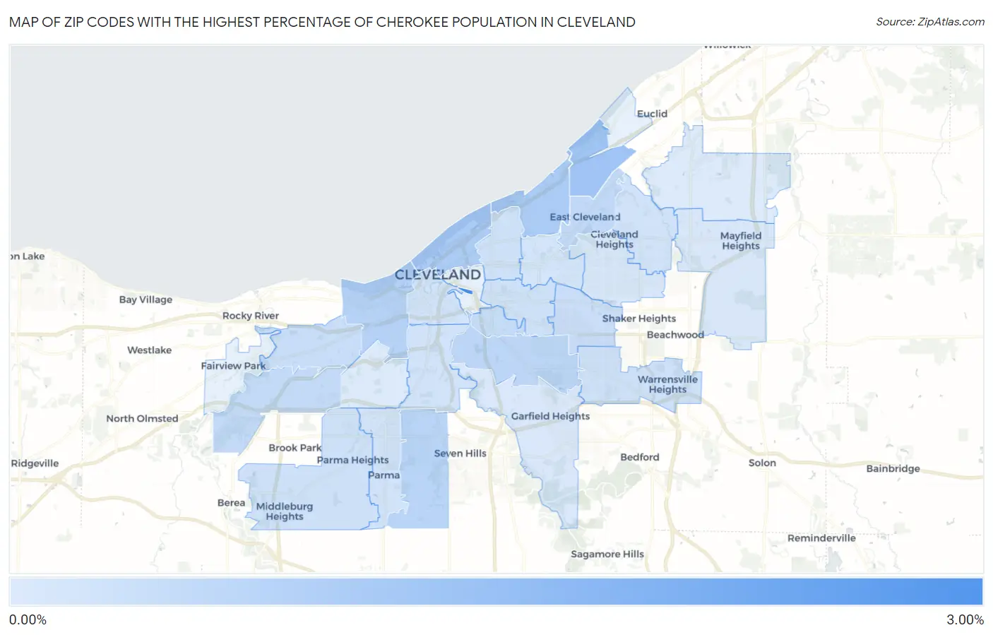 Zip Codes with the Highest Percentage of Cherokee Population in Cleveland Map