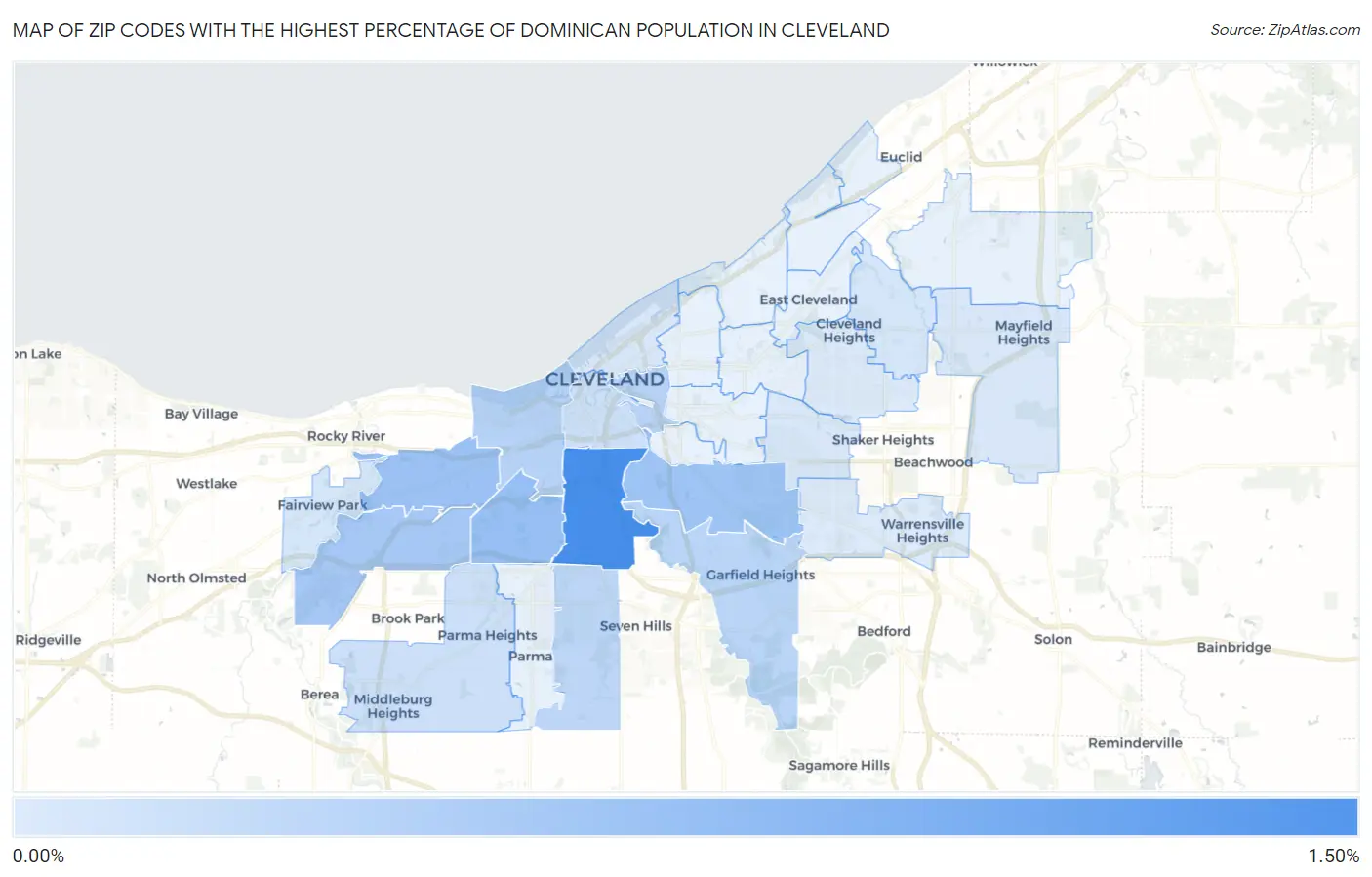 Zip Codes with the Highest Percentage of Dominican Population in Cleveland Map