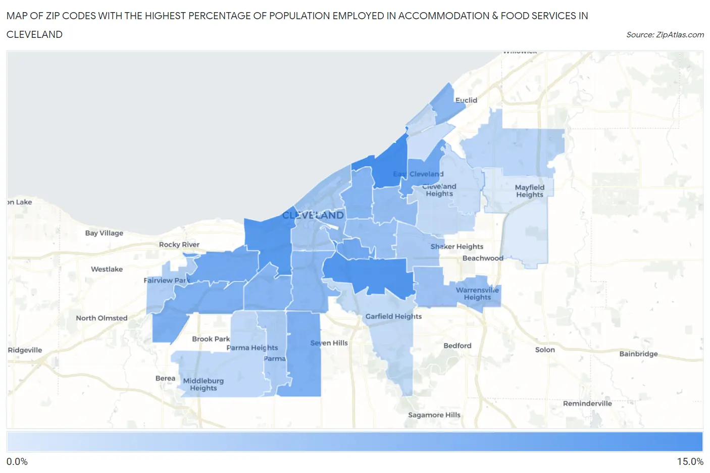 Zip Codes with the Highest Percentage of Population Employed in Accommodation & Food Services in Cleveland Map