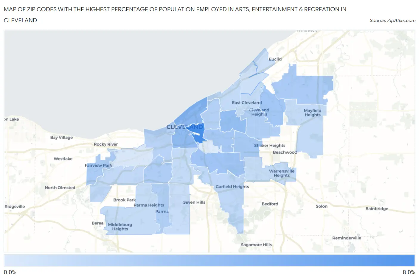 Zip Codes with the Highest Percentage of Population Employed in Arts, Entertainment & Recreation in Cleveland Map