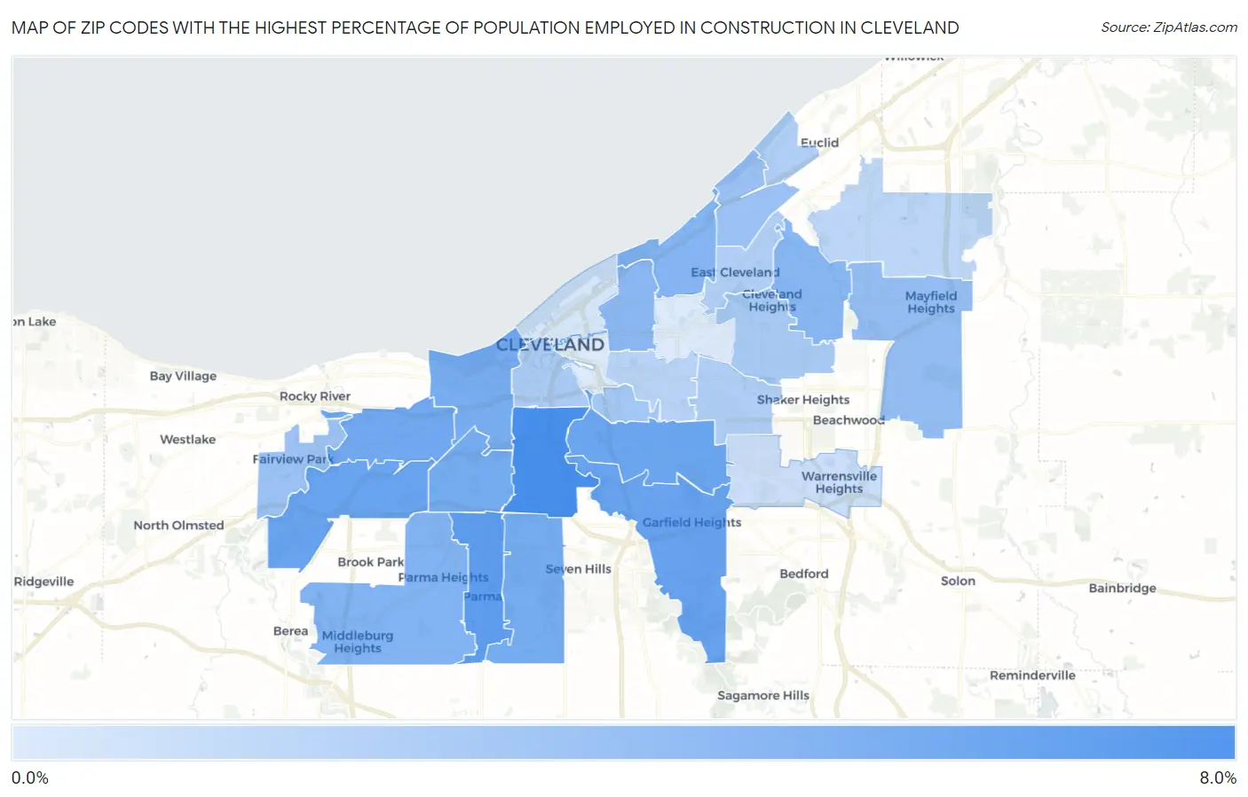 Zip Codes with the Highest Percentage of Population Employed in Construction in Cleveland Map