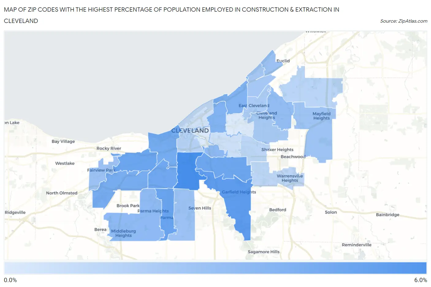 Zip Codes with the Highest Percentage of Population Employed in Construction & Extraction in Cleveland Map