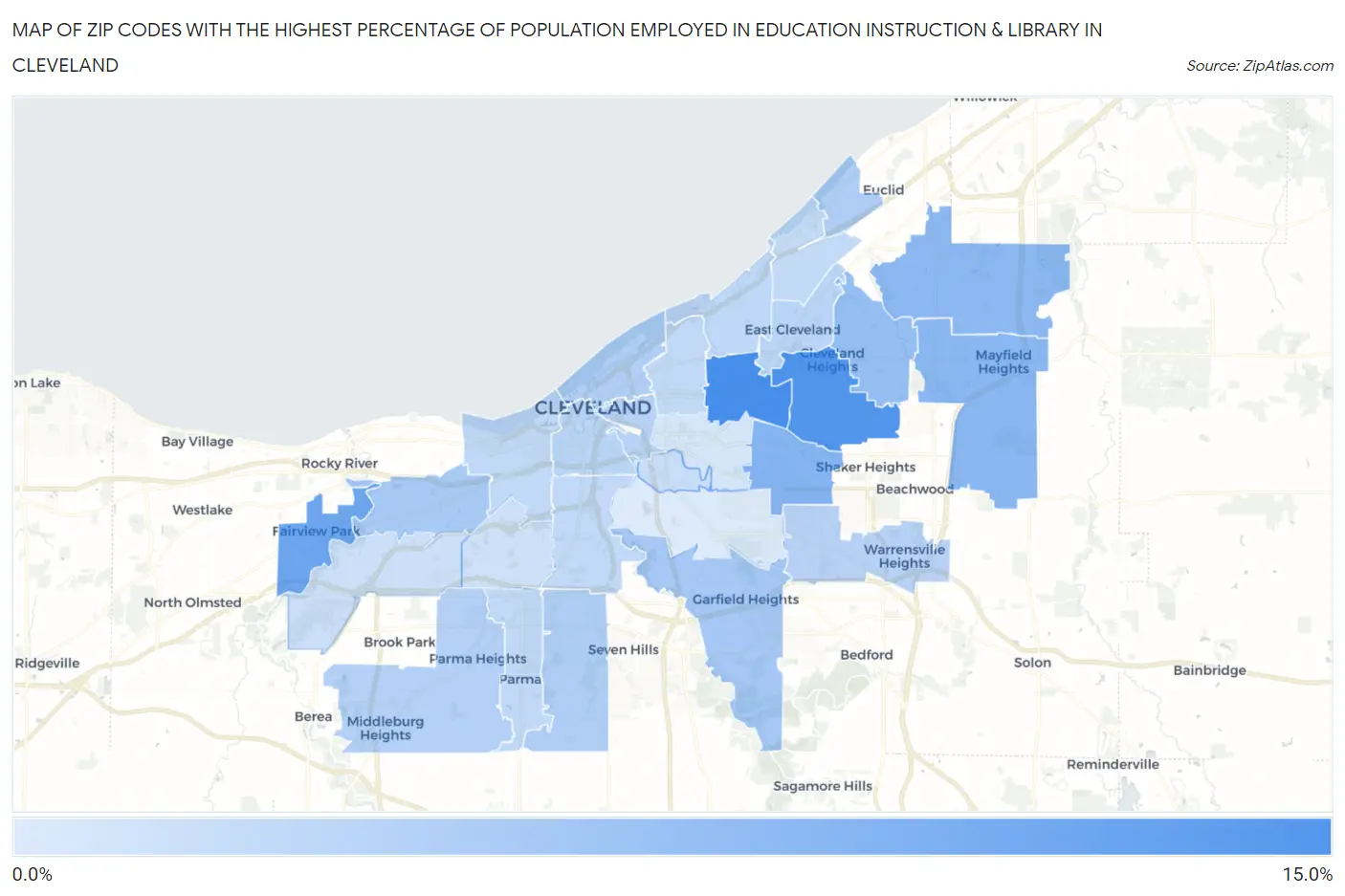 Zip Codes with the Highest Percentage of Population Employed in Education Instruction & Library in Cleveland Map