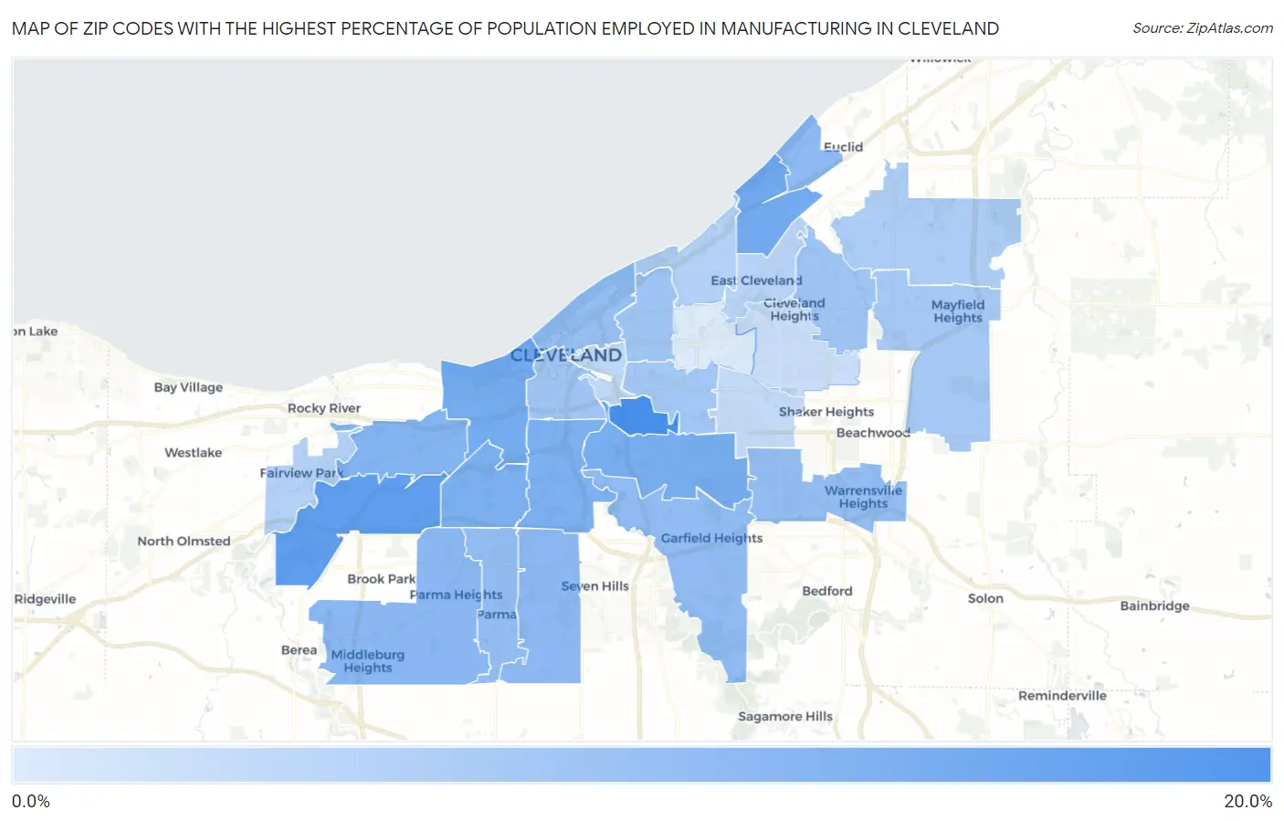 Zip Codes with the Highest Percentage of Population Employed in Manufacturing in Cleveland Map