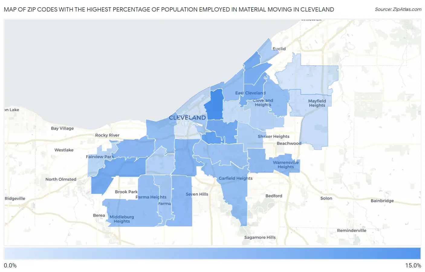 Zip Codes with the Highest Percentage of Population Employed in Material Moving in Cleveland Map