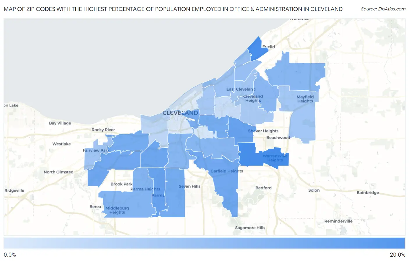 Zip Codes with the Highest Percentage of Population Employed in Office & Administration in Cleveland Map