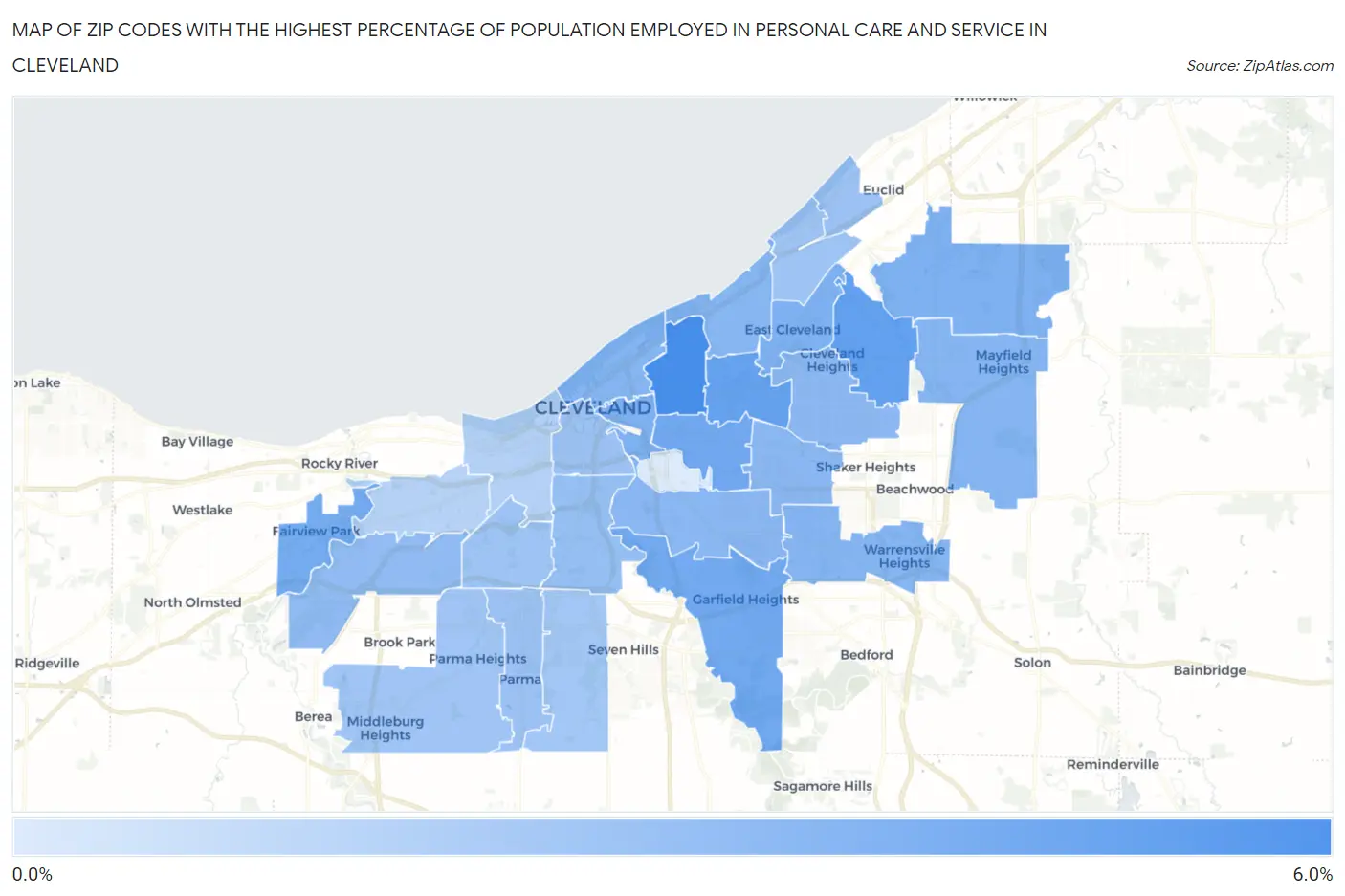 Zip Codes with the Highest Percentage of Population Employed in Personal Care and Service in Cleveland Map