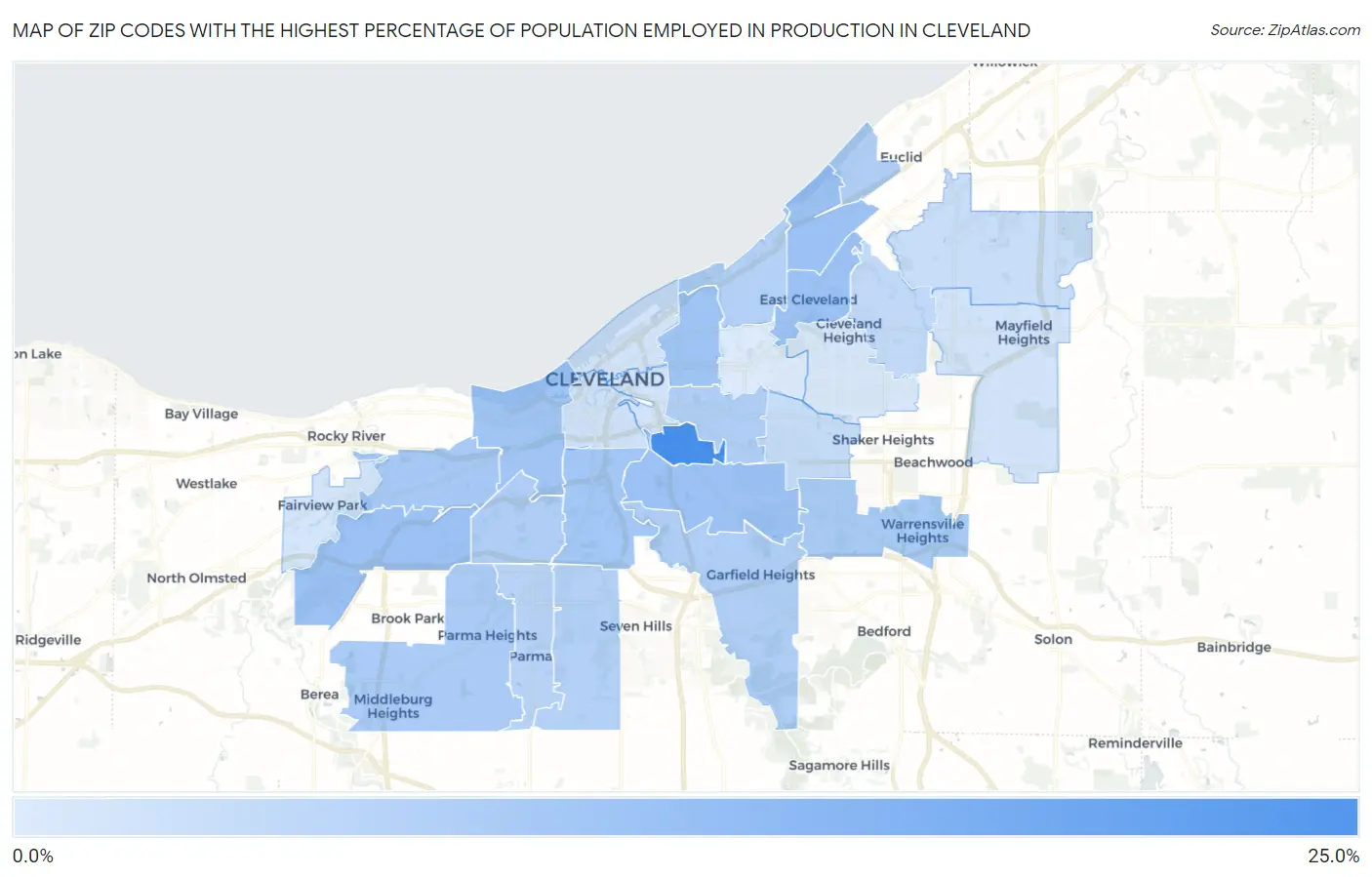 Zip Codes with the Highest Percentage of Population Employed in Production in Cleveland Map