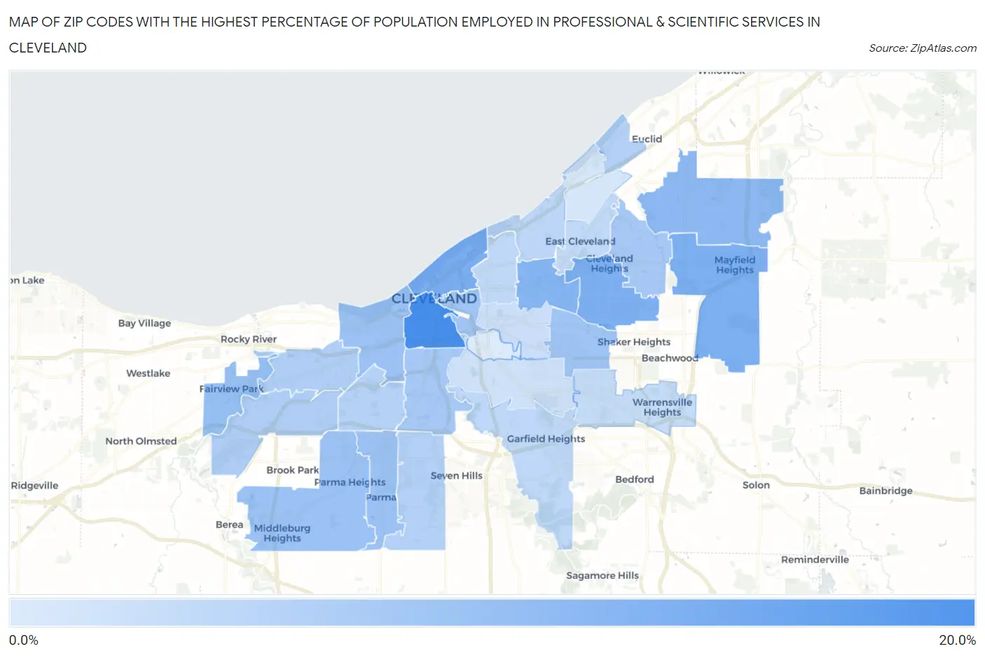 Zip Codes with the Highest Percentage of Population Employed in Professional & Scientific Services in Cleveland Map