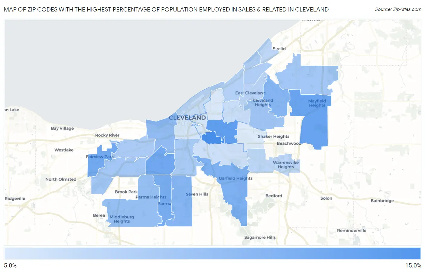 Zip Codes with the Highest Percentage of Population Employed in Sales & Related in Cleveland Map