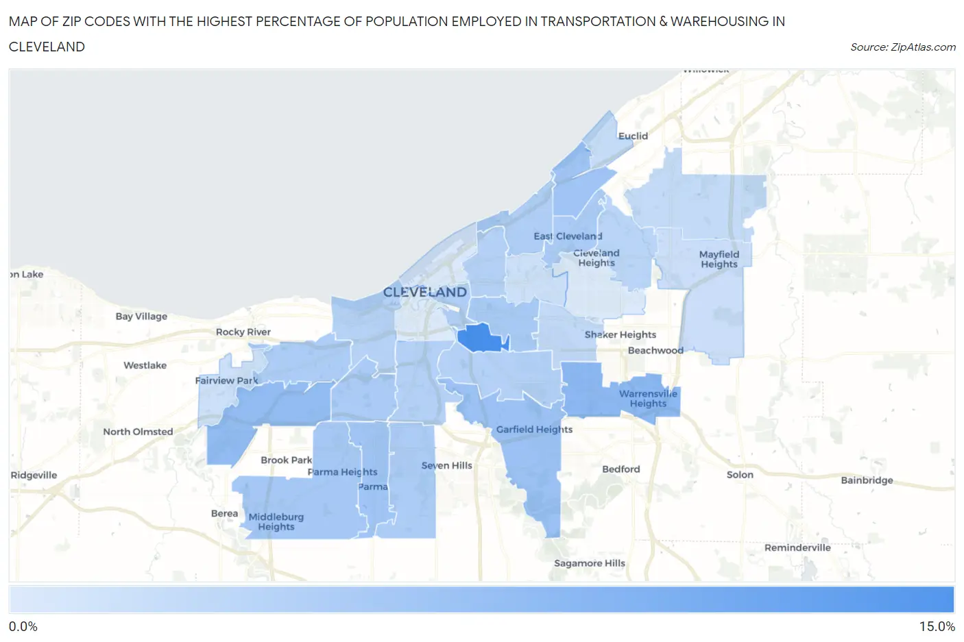 Zip Codes with the Highest Percentage of Population Employed in Transportation & Warehousing in Cleveland Map