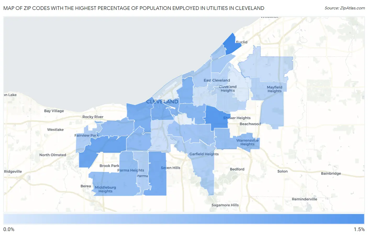 Zip Codes with the Highest Percentage of Population Employed in Utilities in Cleveland Map