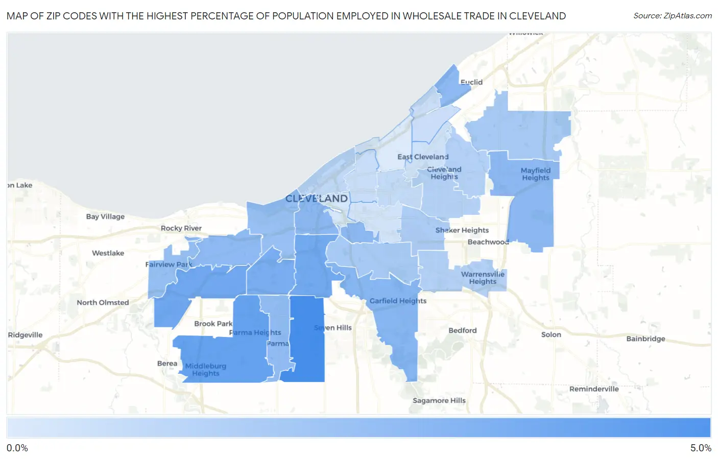 Zip Codes with the Highest Percentage of Population Employed in Wholesale Trade in Cleveland Map