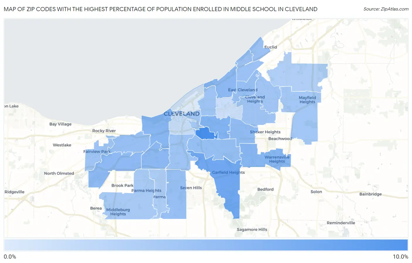 Zip Codes with the Highest Percentage of Population Enrolled in Middle School in Cleveland Map