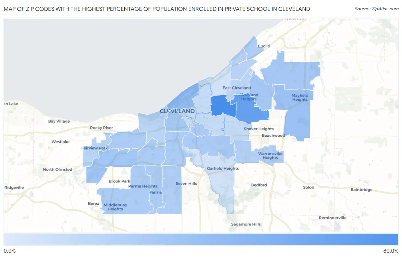 Zip Codes with the Highest Percentage of Population Enrolled in Private School in Cleveland Map
