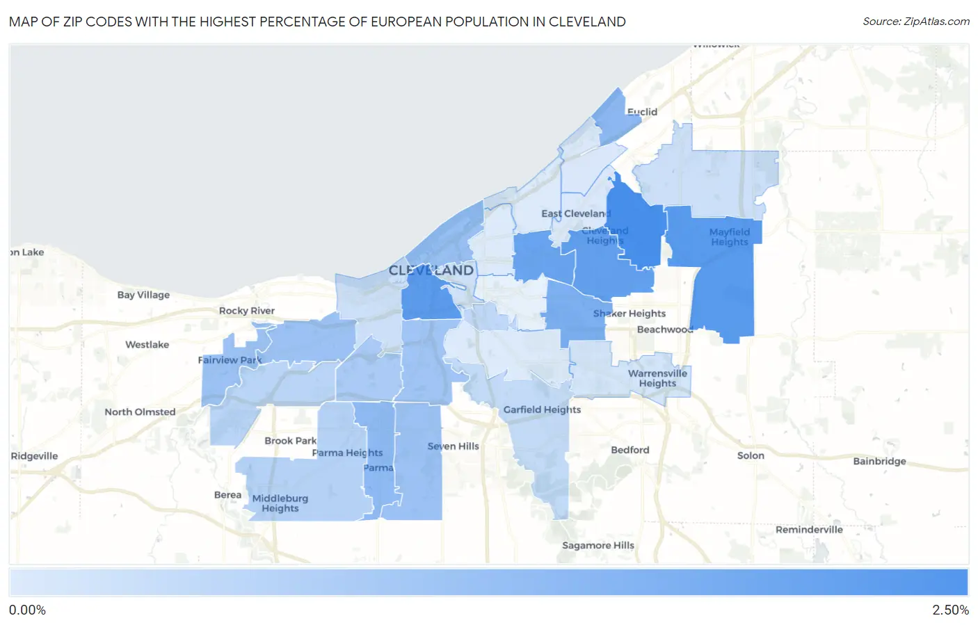 Zip Codes with the Highest Percentage of European Population in Cleveland Map