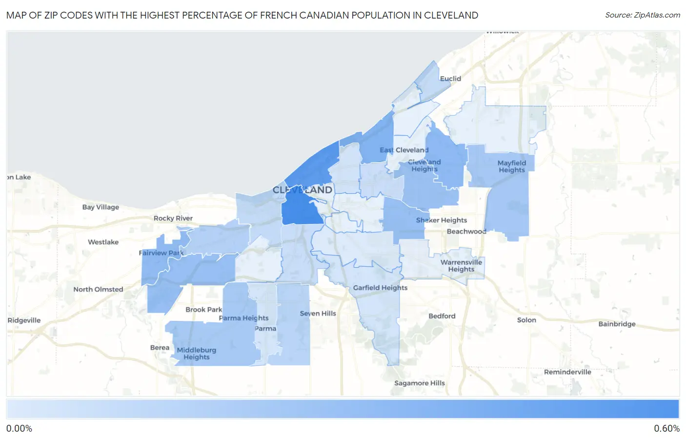 Zip Codes with the Highest Percentage of French Canadian Population in Cleveland Map