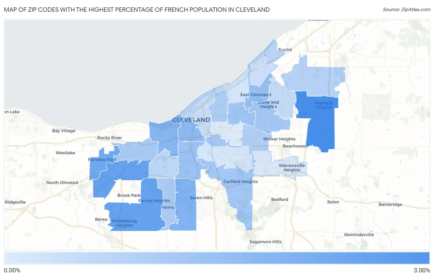Zip Codes with the Highest Percentage of French Population in Cleveland Map