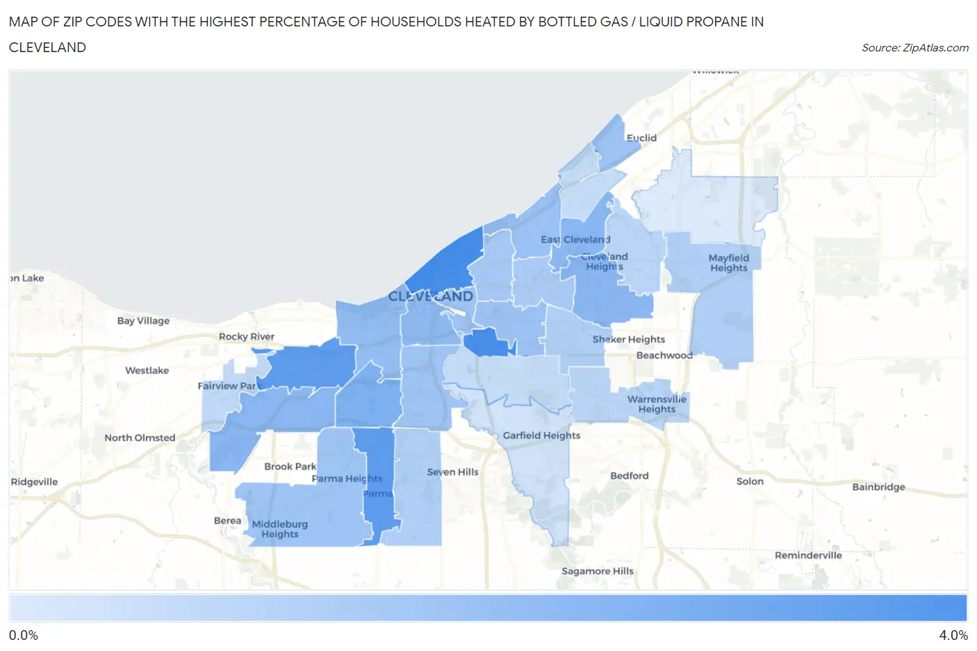 Zip Codes with the Highest Percentage of Households Heated by Bottled Gas / Liquid Propane in Cleveland Map