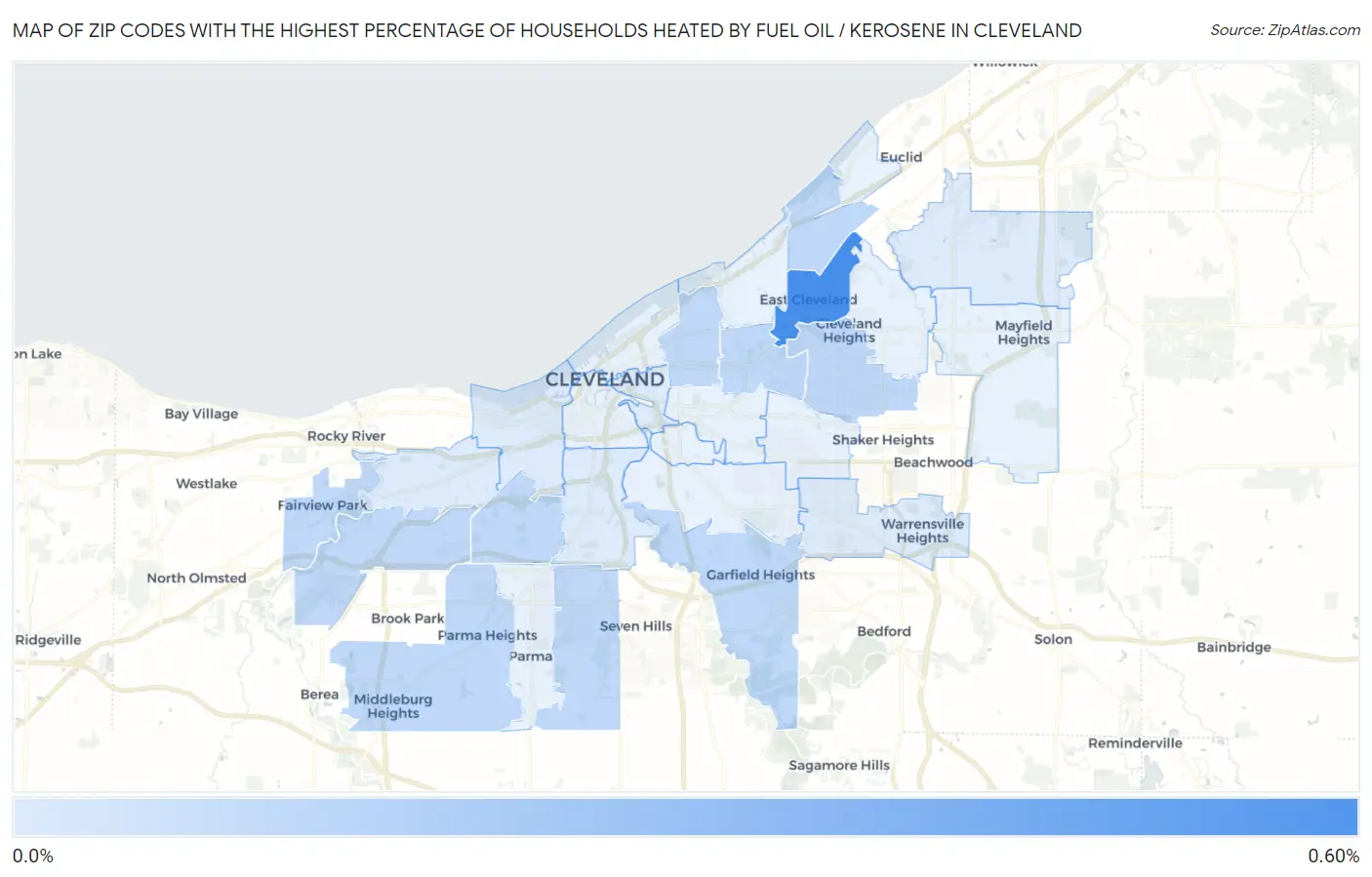 Zip Codes with the Highest Percentage of Households Heated by Fuel Oil / Kerosene in Cleveland Map