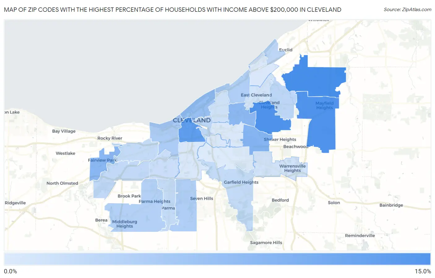 Zip Codes with the Highest Percentage of Households with Income Above $200,000 in Cleveland Map