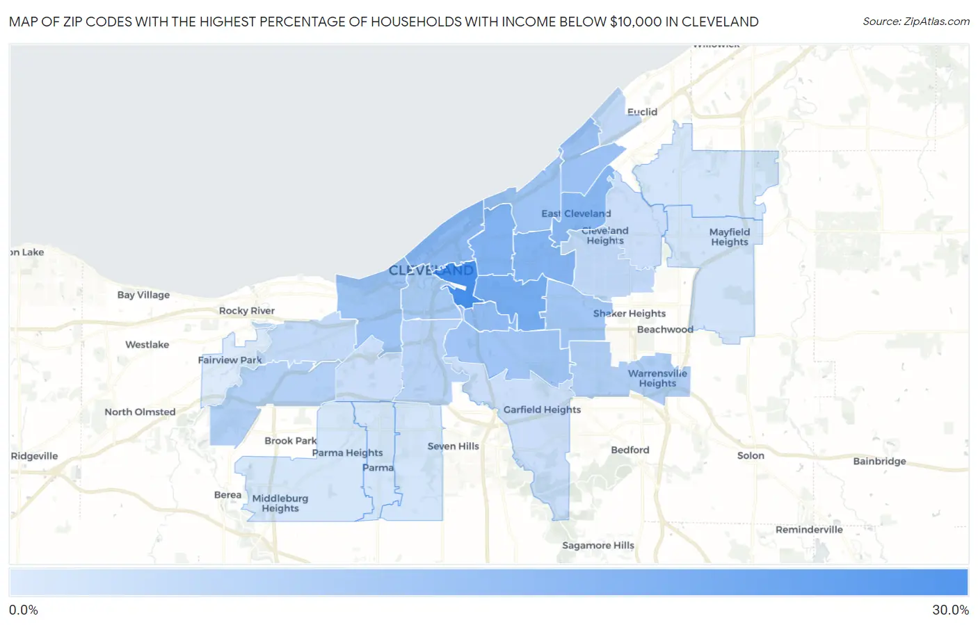 Zip Codes with the Highest Percentage of Households with Income Below $10,000 in Cleveland Map