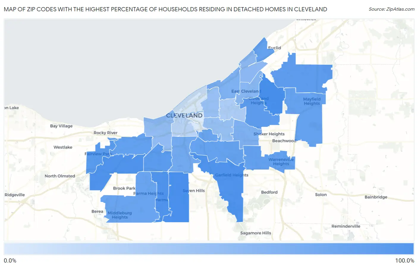 Zip Codes with the Highest Percentage of Households Residing in Detached Homes in Cleveland Map