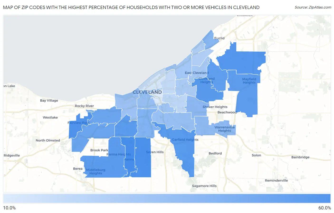Zip Codes with the Highest Percentage of Households With Two or more Vehicles in Cleveland Map
