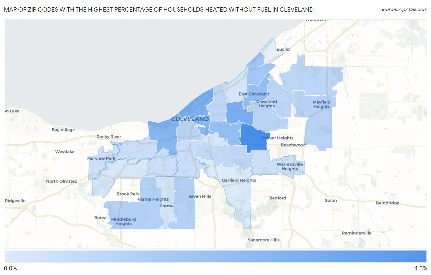 Zip Codes with the Highest Percentage of Households Heated without Fuel in Cleveland Map
