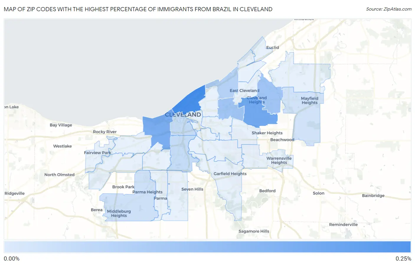 Zip Codes with the Highest Percentage of Immigrants from Brazil in Cleveland Map
